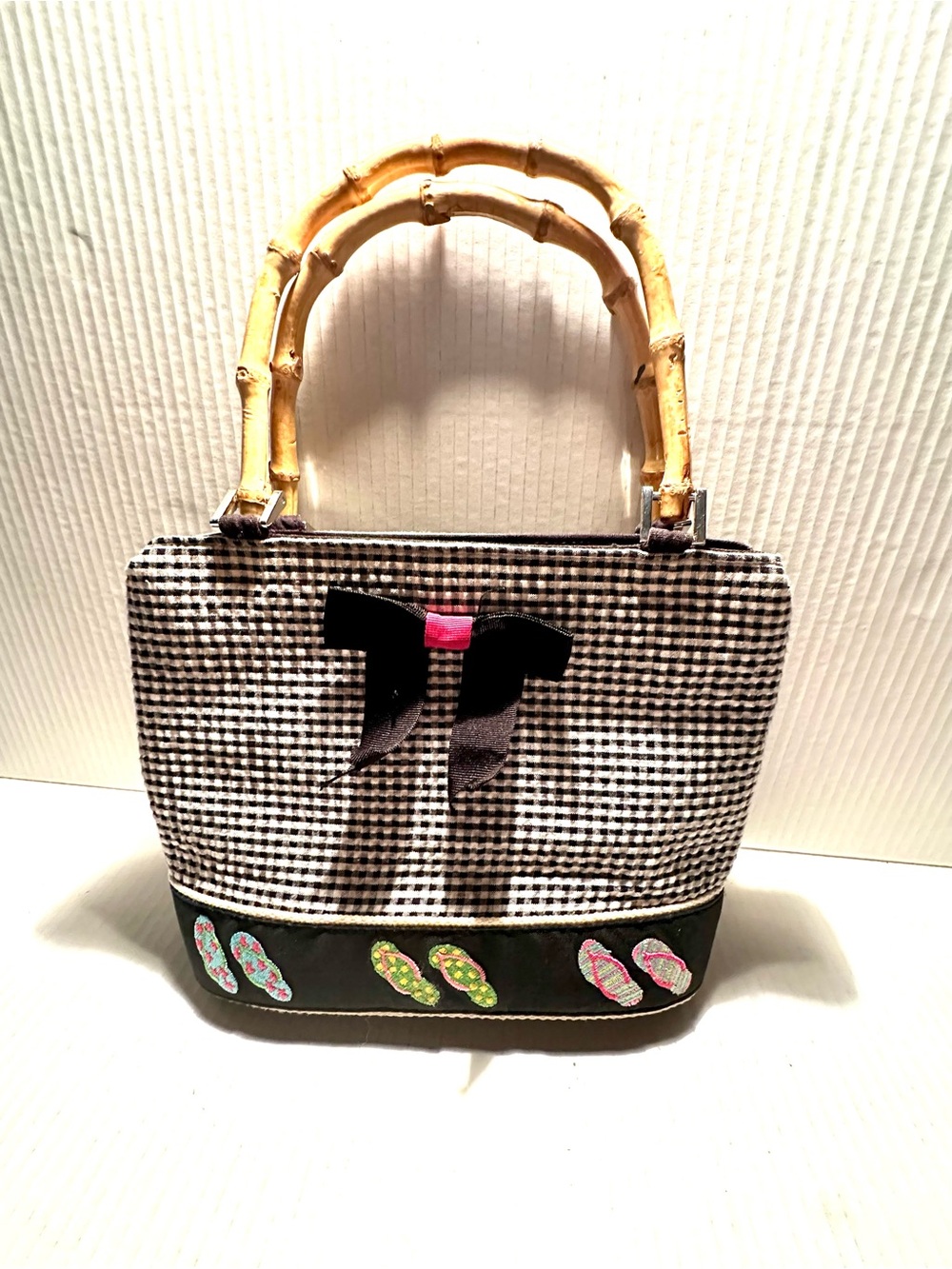 Croft & Barrow Black & White Gingham Bamboo Handle Tote with Flip-Flop Accent